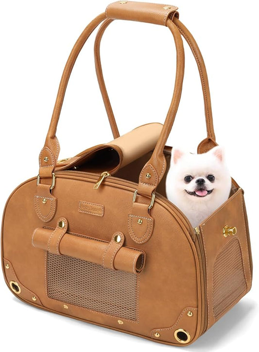 PetsHome Dog Carrier Purse, Pet Carrier, Foldable Waterproof Premium PU Leather Pet Travel Portable Bag Carrier for Cat and Small Dog Home & Outdoor Small Brown