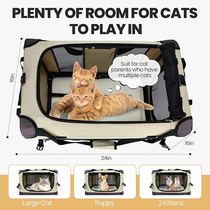 Large Cat Carrier for Car Travel, Soft Sided Collapsible Pet Carrier for Outdoor and Indoor Uses, Roomy Extra Large Cat Carrier for 2 Kittens or Puppies Up to 50lbs (Brown)