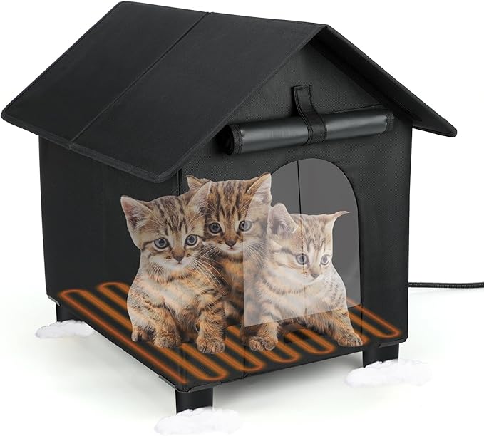 BWOGUE Elevated Heated Cat House for Outdoor Cats in Winter, Waterproof & Insulated Feral Cat Shelter for Outside Cats,Weatherproof Feral Cat House for Outside (Black, XL)