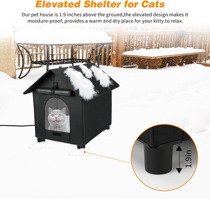 BWOGUE Elevated Heated Cat House for Outdoor Cats in Winter, Waterproof & Insulated Feral Cat Shelter for Outside Cats,Weatherproof Feral Cat House for Outside (Black, XL)