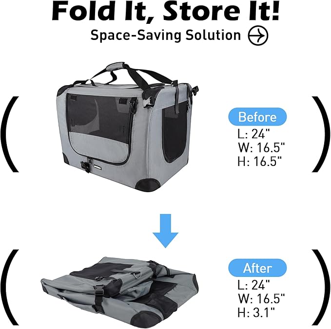 Large Cat Carrier 24"x16.5"x16.5" Portable Dog Crate for Small Medium Dogs Collapsible Traveling Pet Crate with Collapsible Bowl