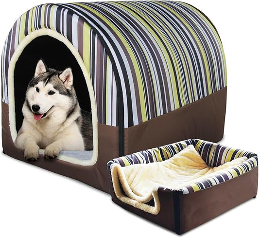 Dog Bed,2 Ways to Use,Indoor Pet House with Fluffy Mat,Removable and Washable Cover,Splash-Proof House and Non-Slip Bottom,for Extra Large Dogs(3XL Vertical Stripes)