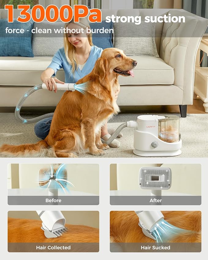 uwant Dog Grooming Vacuum, Cat Grooming Kit, Pets 13KPa Suction Grooming Kit for Home, 6 in 1 Low Noise Pet Hair Removal Tool, White and Silver