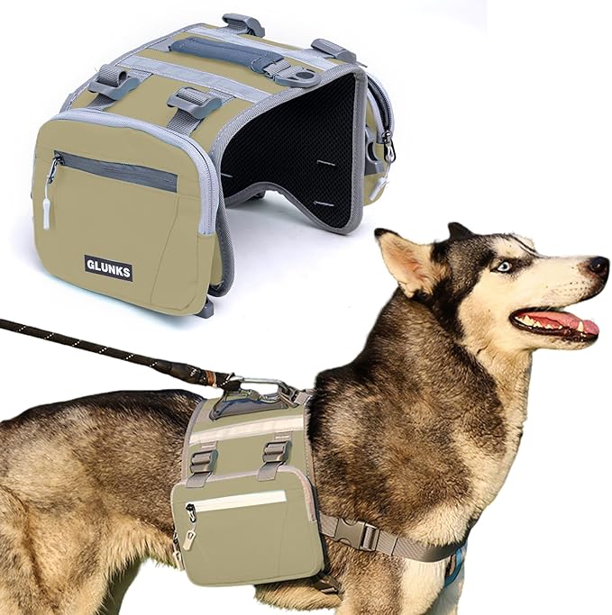 Dog Backpack - Large Dog Backpack Harness for Outdoor Adventures, Hiking Dog Backpacks with Adjustable Straps - Durable Dog Packs for Hiking, Comfortable Backpack for Dogs to Wear,Khaki