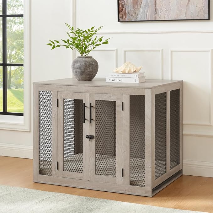 unipaws 38.5 Inch Large Dog Crate Furniture, Wooden Dog Kennel for Large Breed, Indoor Decorative Wood Dog Cage, Inside Side End Table Crate with Tray and Dog Bed, Dog Enclosure