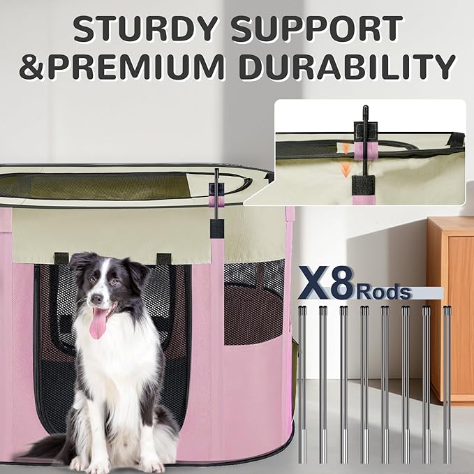 Large Dog Cat Playpen Crate with Waterproof Pad,Portable Collapsible Pet Dog Cat Kennel Cage Tent,Suitable for Indoor Outdoor Travel Camping,Water-Resistant Breathable Shade Cover (Pink L)