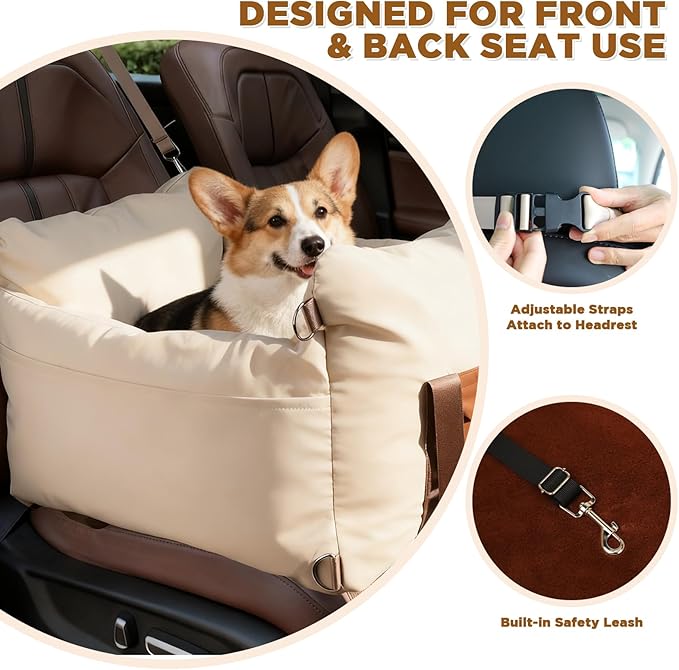 Dog Car Seats for Small Dogs, Waterproof Puppy Car Seat with Side Handles and Large Pockets, Clip-On Safety Leash and PP Cotton Filling, Pet Booster Seat for Small Dog up to 25lbs (Apricot)