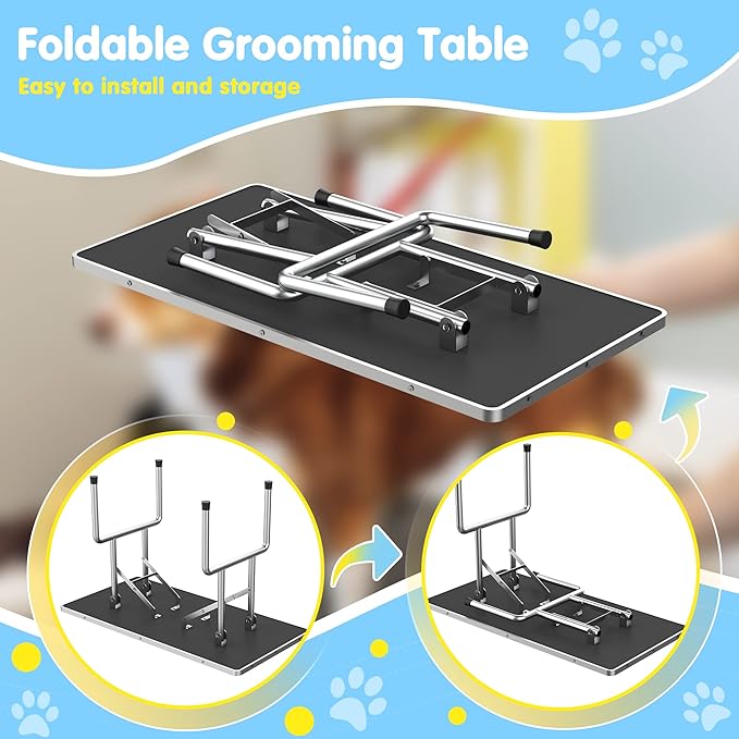 Lyromix 36''Large Dog Grooming Table, Adjustable Cat Drying Desktop with Arms, Nooses, Mesh Tray, Foldable Pet Station at Home, Maximum Capacity Up to 330Lb, 36inch, Blue