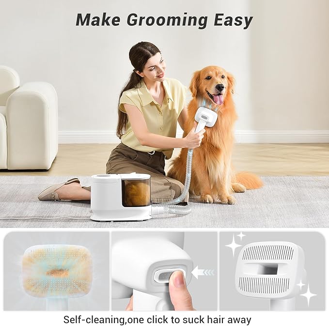 Bunfly Dog Grooming Kit & Dog Hair Vacuum, 3.5L Capacity Pet Grooming Vacuum with 13000kpa Strong Suction 99% Pet Hair,17 Tools Shedding Pet Hair, Home Cleaning -White