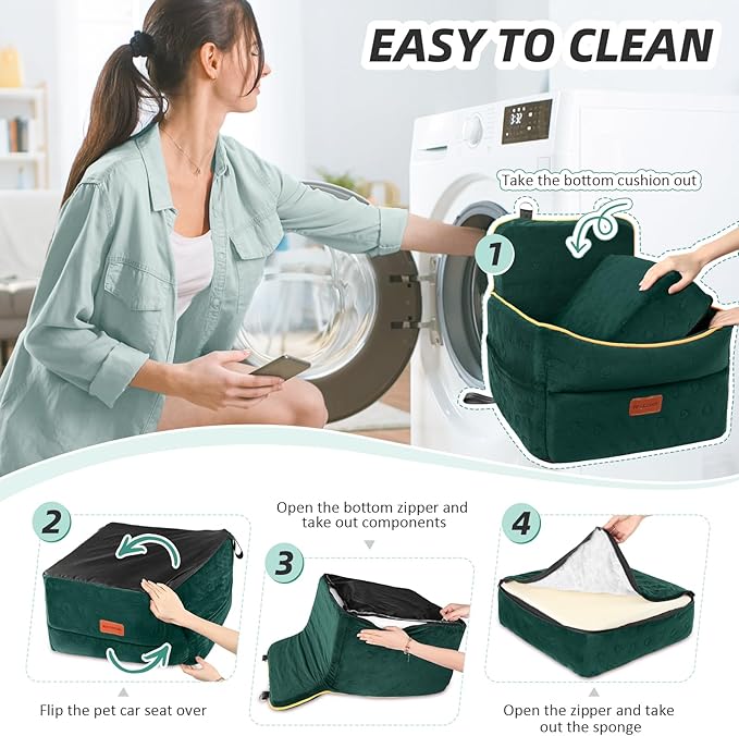 Dog Car Seat for Small Medium Dogs, Memory Foam Puppy Dog Booster Seat with Thick Cushion for Dogs Under 35lbs, Detachable Washable Pet Car Seat Travel Bed with Storage Pockets,2 Safety Belts