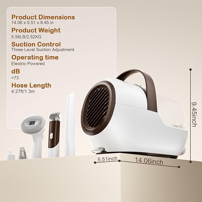 Dog Grooming Vacuum, Dog Grooming Kit with Pet Clipper Nail Grinder, 3 Suction Modes Dogs Brush Vacuum with 6 Pet Grooming Tools (Beige)