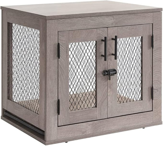unipaws 25.5 Inch Dog Crate Furniture, Wooden Dog Kennel for Small Breed, Indoor Wood Dog Cage, Inside Side End Table Crate with Tray and Dog Bed for Puppy, Cats, Min Pigs, Rabbit, Up to 25 lbs