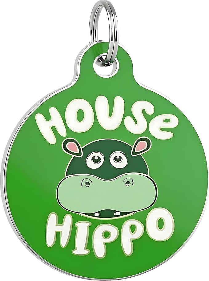 Bad Tags Personalized Dog & Cat ID Tags - Choose from 25+ Tag Designs - Free 5 Lines Custom Engraved - Unique, Cute, Funny, Sassy Pet Tag (House Hippo - Green, Small (1 inch))