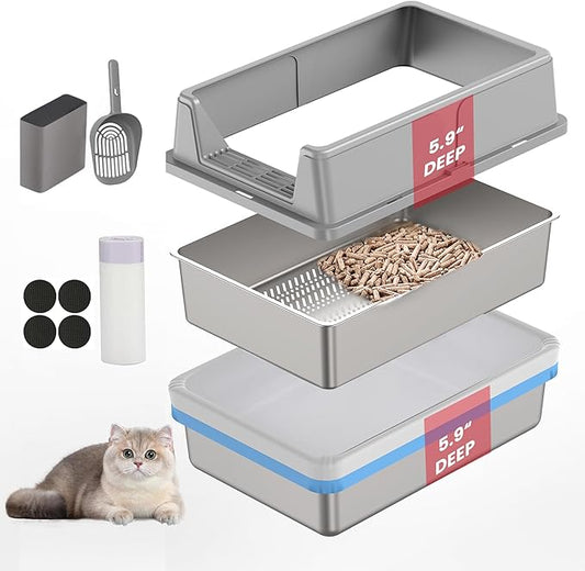 Stainless Steel Sifting Litter Box for Pine Pellets, 23.6" x 15.7" x 11.8" Large Sifting Cat Litter Box with Sifter, High Side for Big Cats, Anti-Leakage, Odor Control, Includes Scooper