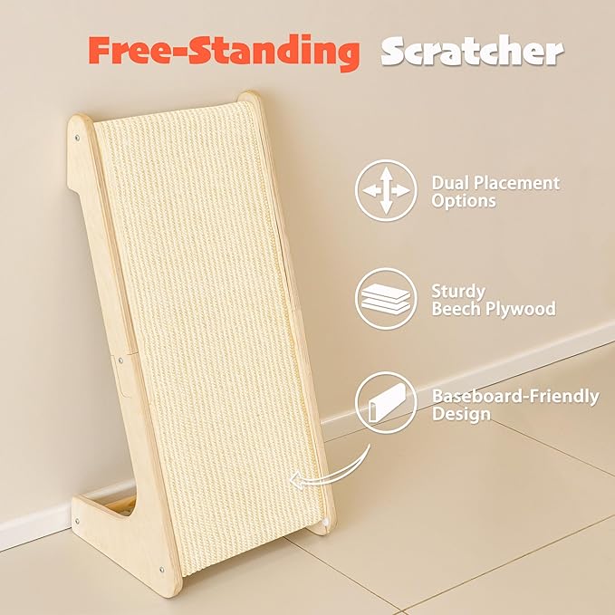 PETKARAY L Shape Cat Scratcher, Sisal Kitty Scratching Ramp, Vertical Scratch Pad for Indoor Cats, 25.2" Furniture Protector with Catnip, White
