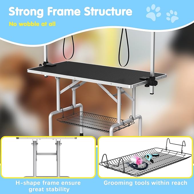 Lyromix 42''Large Dog Grooming Table, Adjustable Cat Drying Desktop with Arms, Nooses, Mesh Tray, Foldable Pet Station at Home, Maximum Capacity Up to 330Lb, 42inch, Black