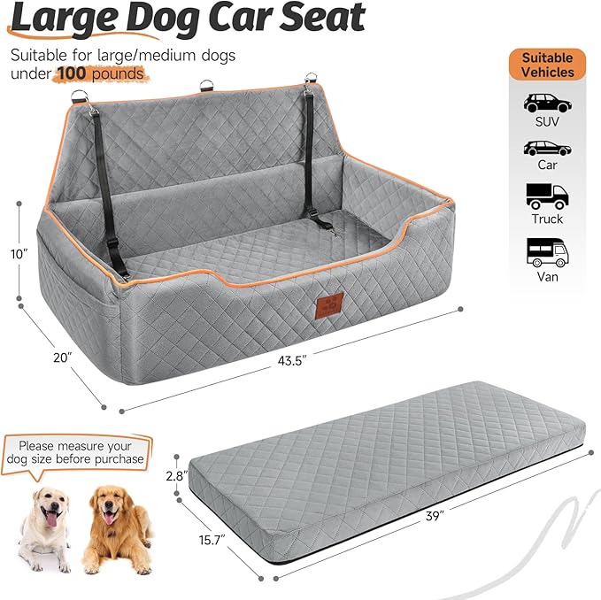 Large Dog Car Seat for Dods Under 100 Lbs, Memory Foam Dog Car Bed for Backseat & Trunk, Detachable and Washable Cover, Pet Travel Seat with Storage Pockets, 2 Safety Belts