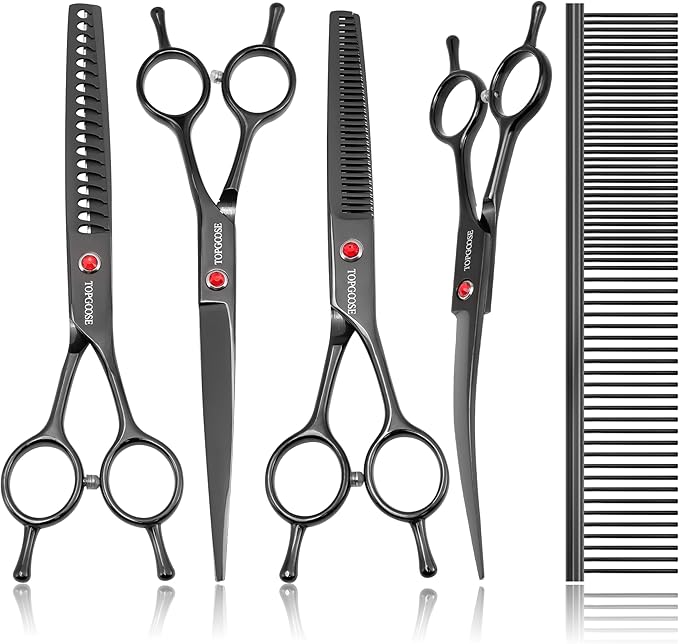 TOPGOOSE Dog Grooming Scissors Kit, Professional 6 in 1 Pet Scissors Sharp Shears Set - Straight, Thinning, Chunker, Curved Shears and Comb for Long Short Hair for Dog Cat (Set, Black)