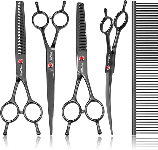 TOPGOOSE Dog Grooming Scissors Kit, Professional 6 in 1 Pet Scissors Sharp Shears Set - Straight, Thinning, Chunker, Curved Shears and Comb for Long Short Hair for Dog Cat (Set, Black)
