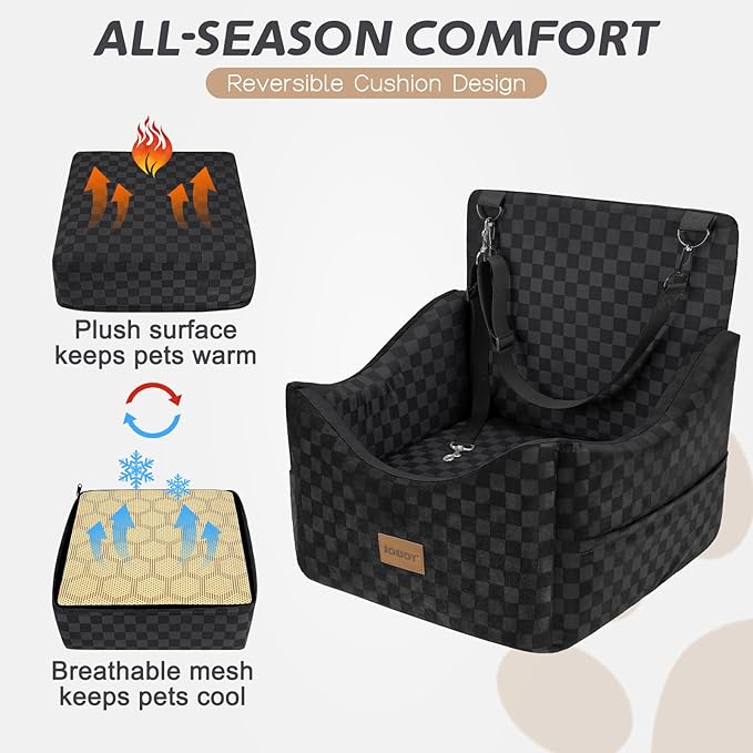 JOEJOY Elevated Dog Car Seat for Small/Medium Dogs up to 35 lbs, Memory Foam Booster Seat with Detachable Washable Cover, Travel-Safe Car Bed with Safety Belts & Storage Pockets, Black