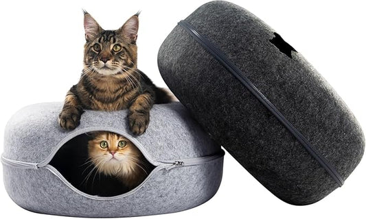 Cattasaurus Peekaboo Cat Cave Donut for Multiple & Large Cats up to 30-45 lbs, 3-in-1 Self Warming Cat Bed, Tunnel & Scratcher for Indoor Cats, Washable & Detachable (Light Gray + Dark Gray, Large)