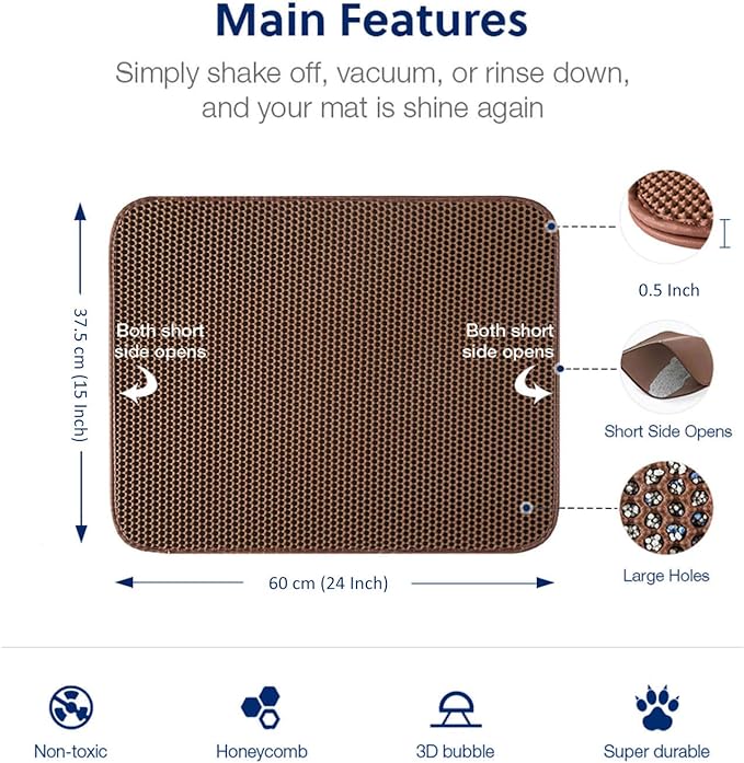 WePet Cat Litter Mat, Kitty Litter Trapping Mat - Medium Size, Honeycomb Double Layer Mats, No Phthalate, Urine Waterproof, Easy Clean, Scatter Control, Catcher Litter Box Rug Carpet 24x15 Inch Brown