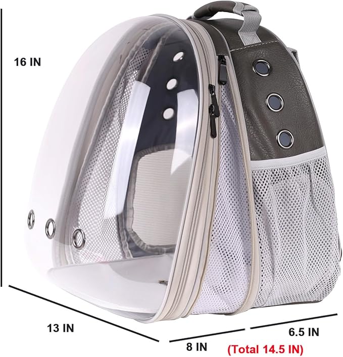 Front Extension Cat Backpack Carrier Cage for Large Cat, Up to 20 Pounds, Synthetic Leather Space Capsule Clear Bubble Window, Pet Carry Transport Book Bag