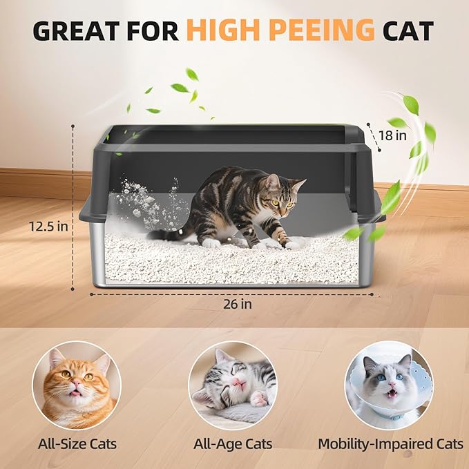Enclosed Stainless Steel Cat Litter Box with Lid, XL Extra Large Litter Box for Big Cats, Metal Litter Pan High Sided, Never Absorbs Odors, Anti-Urine Leakage, Include Scoop (65-Darkgray)