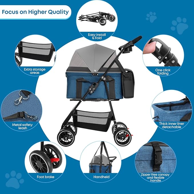 2-in-1 Foldable Pet Stroller with Canopy, 4 Wheels Pet Strolling Cart for Small/Medium Dogs and Cats with Removable Carrier,Breathable Mesh,Mom Tote Bag,Cup Holders,Easy Assembly,Grey+ Green