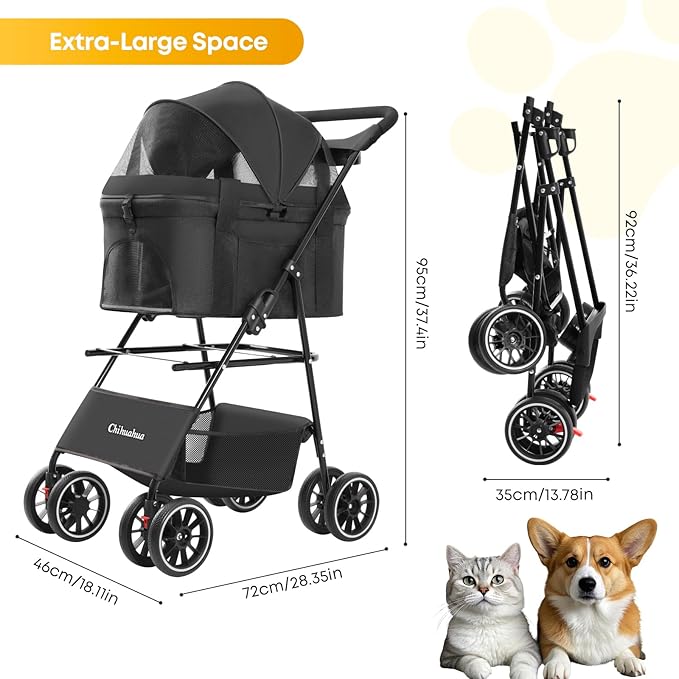 2-in-1 Foldable Pet Stroller with Canopy, 4 Wheels Pet Strolling Cart for Small/Medium Dogs and Cats with Removable Carrier,Breathable Mesh,Mom Tote Bag,Cup Holders,Easy Assembly,Black