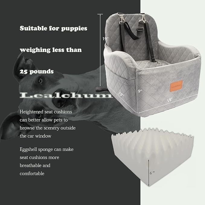 Dog Booster Car Seat for Small/Medium Dogs Up to 35lbs,Ultra Soft Fabric Covered,6in Elevated Cushion,Fully Detachable and Washable,3 Straps & 2 Pockets,Easy to Install(Grey,Medium)
