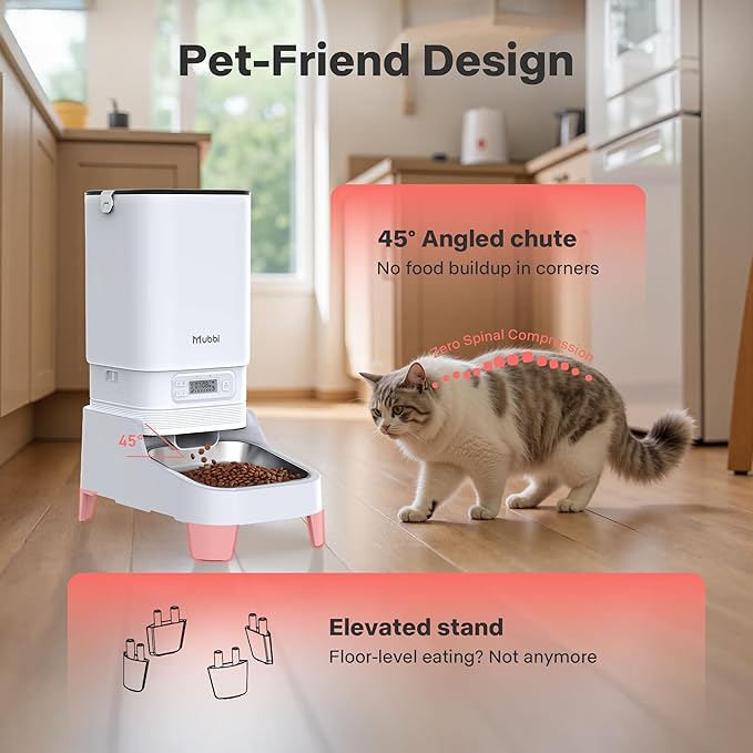 Automatic Cat Feeder, Elevated Stand for Neck Health, 7L Automatic Dog Feeder, Cat Food Dispenser, No-Jam, Up to 6 Meals for 2-15 mm Dry Food, Stainless Steel Bowl, No Spinal Pressure