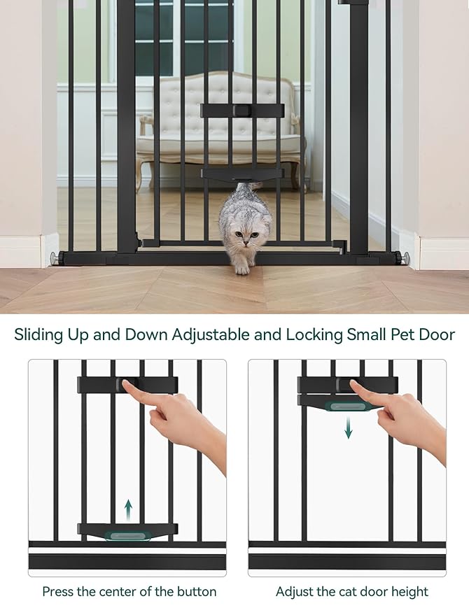 BABELIO 29-48" Extra Wide Baby Gate with Cat Door, Auto Close Metal Pet Door for Stairs, Doorways, House, Pressure/Hardware Mounted, Easy Walk Thru, Black
