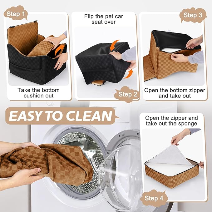 JOEJOY Elevated Dog Car Seat for Small/Medium Dogs up to 35 lbs, Memory Foam Booster Seat with Detachable Washable Cover, Travel-Safe Car Bed with Safety Belts & Storage Pockets, Brown