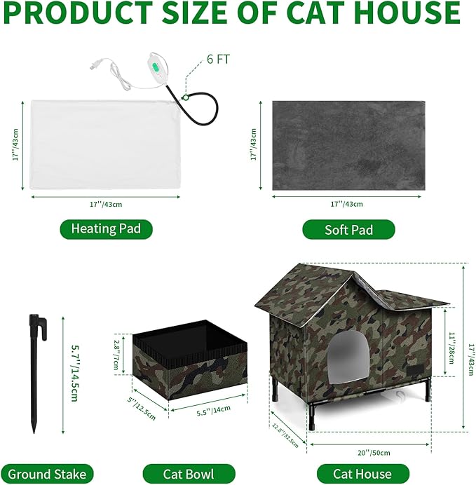 Heated Cat House,Removable Weatherproof Cat Houses for Outdoor Cats with Heating Pad (Camo, Medium)