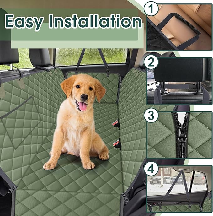 Waterproof Dog Car Seat Cover for Back Seat - Durable, Scratch Proof Pet Hammock with Nonslip Design & Storage Pockets, Fits Cars, SUVs, Trucks- S, Green