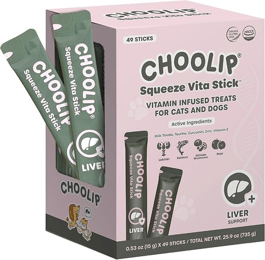 Choolip Squeeze Vita Stick Lickable Cat and Dog Treats, 49-Count Liver Support Variety Pack, Chicken and Tuna with Milk Thistle, CoQ10 and Vitamin E