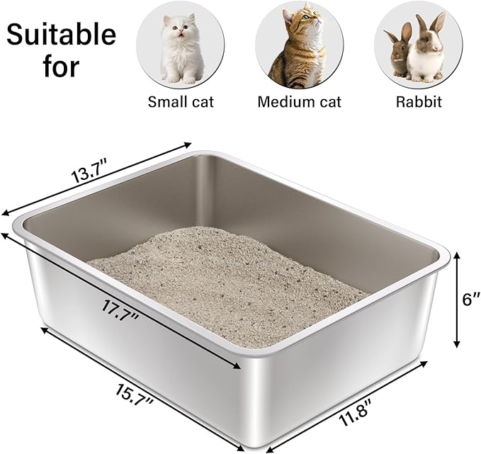 Stainless Steel Cat Litter Box 2Pack,Medium Metal Cat Litter Box,Steel Litterbox for Kitty or Rabbits, Easy to Clean,Non Stick, No Smell(17.7" L x 13.7" W x 6" H).