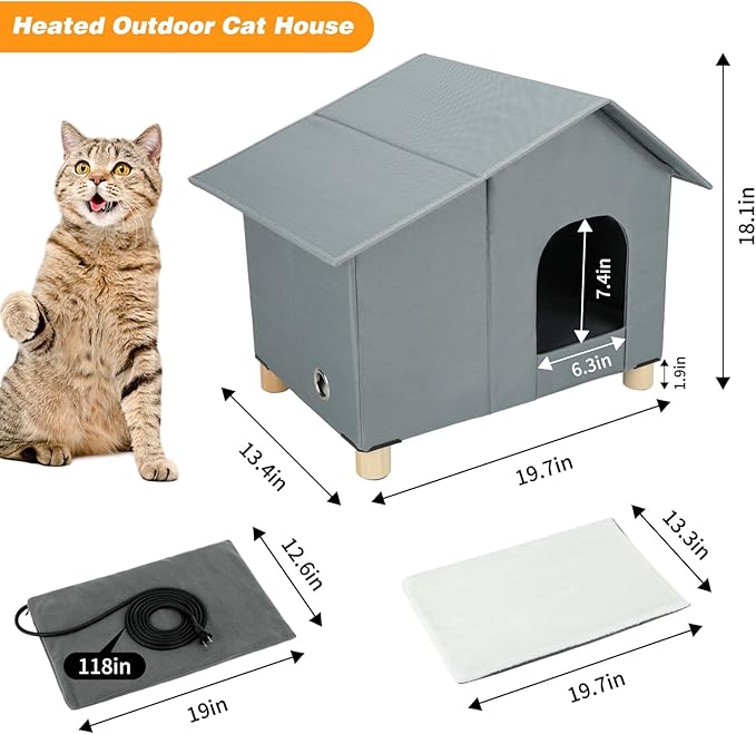 BWOGUE Elevated Heated Cat House for Outdoor Cats in Winter, Waterproof & Insulated Feral Cat Shelter for Outside Cats,Weatherproof Feral Cat House for Outside (Grey, Extra Large)