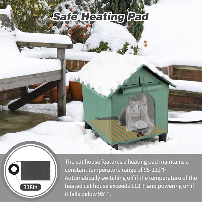 BWOGUE Elevated Heated Cat House for Outdoor Cats in Winter, Waterproof & Insulated Feral Cat Shelter for Outside Cats,Weatherproof Feral Cat House for Outside (Green, S)