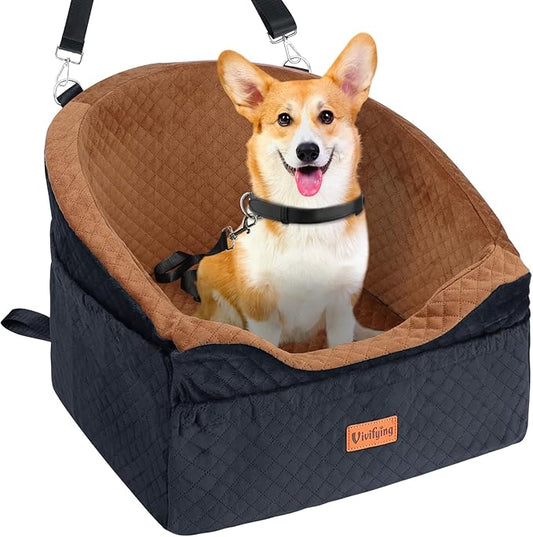 Vivifying Dog Car Seat for Small & Medium Dogs, Detachable & Washable Booster Seat for Pets Up to 30lbs, Travel Bed with Storage Pockets and Safety Belt – Brown&Black