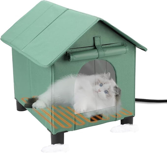 BWOGUE Elevated Heated Cat House for Outdoor Cats in Winter, Waterproof & Insulated Feral Cat Shelter for Outside Cats,Weatherproof Feral Cat House for Outside (Green, S)