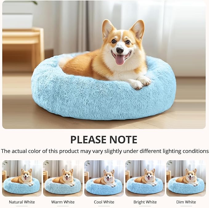 JOLLYVOGUE Calming Dog Bed for Small Dogs - 23 inches Donut Washable Small Dog Bed for Kittens & Puppies, Anti-Slip Round Fluffy Plush Faux Fur Cat Beds (Fits up to 25 lbs Pets, Light Blue)