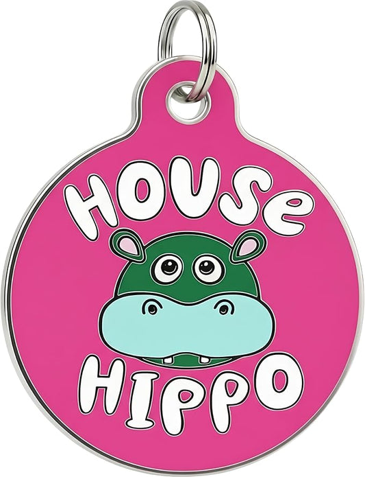 Bad Tags Personalized Dog & Cat ID Tags - Choose from 25+ Tag Designs - Free 5 Lines Custom Engraved - Unique, Cute, Funny, Sassy Pet Tag (House Hippo - Pink, Small (1 inch))