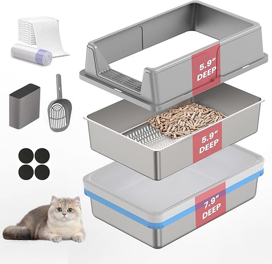 Stainless Steel Sifting Litter Box for Pine Pellets, 23.6" x 15.7" x 14.7" XL Sifting Cat Litter Box with Sifter, High Side for Big Cats, Anti-Leakage, Odor Control, Includes Scooper