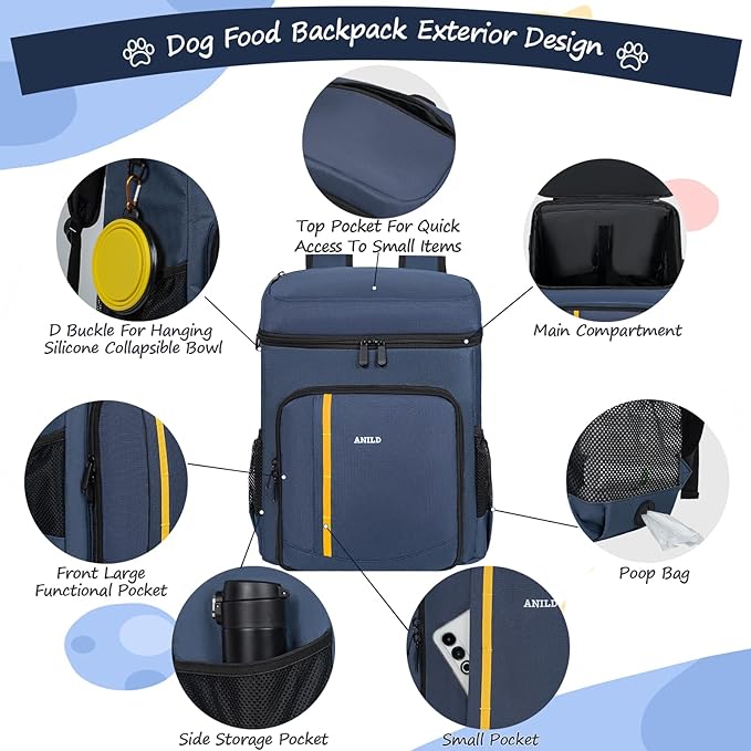ANILD Dog Travel Backpack - Airline Approved Double-layer Pet Travel Bag Accessories with 2 Food Storage Bag and 2 Foldable Silicone Bowls for Hiking & Camping
