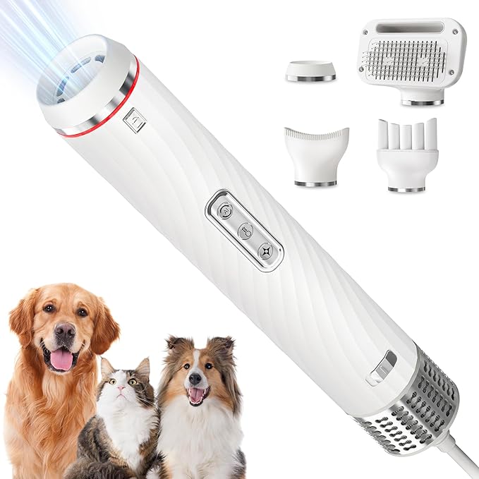 Discala Dog Dryer, Dog Grooming Blow Dryer Kit with Slicker Brush for Pet, High Velocity Blow Dryer for Dogs with Adjustable Speed and Temperature for Dog Grooming Supplies and Home Use, White