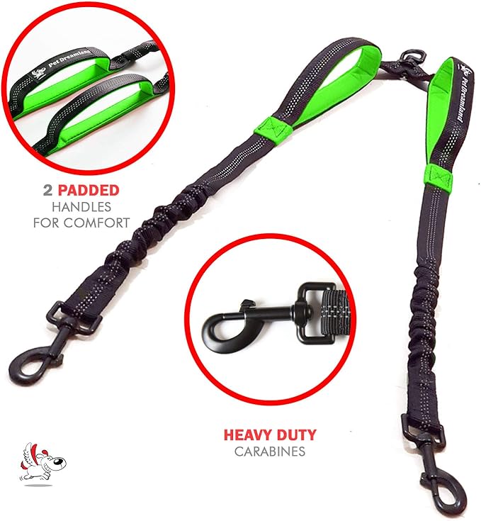 Pet Dreamland Exquisite Double Dog Coupler No Tangle Swivel for Two Medium Dogs. Premium Quality Attachment for Easy Dog Walking. You Will Absolutely Love This Amazing Gear (Black & Green)