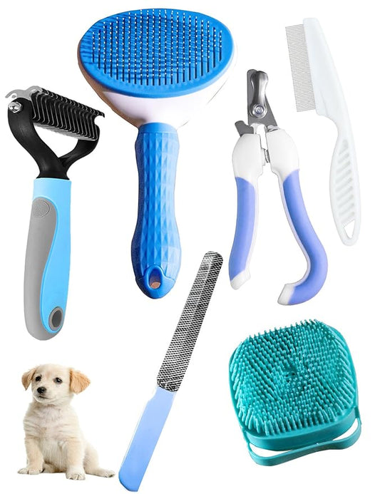 Dog Cat Grooming Kit, Brushes, Dematting Rake and Comb, Nail Clipper, Nail File, Flea Comb (Blue 6 Kits)