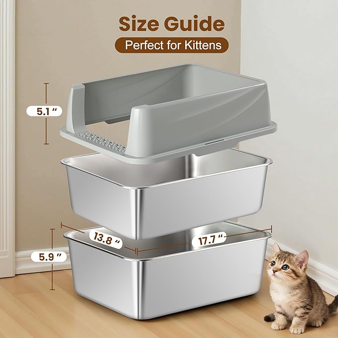 Stainless Steel Sifting Litter Box for Pine Pellets, Sifting Cat Litter Box with Sifter, High Side for Small Cats, Anti-Leakage, Odor Control, Includes Scooper, 17.7" x 13.8" x 11"